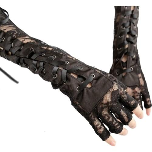 Black Lace Up Fingerless Gloves Elbow Steampunk for Womens Costume Party Arm Warmer Sexy Mittens Clubwear Cosplay Accessories