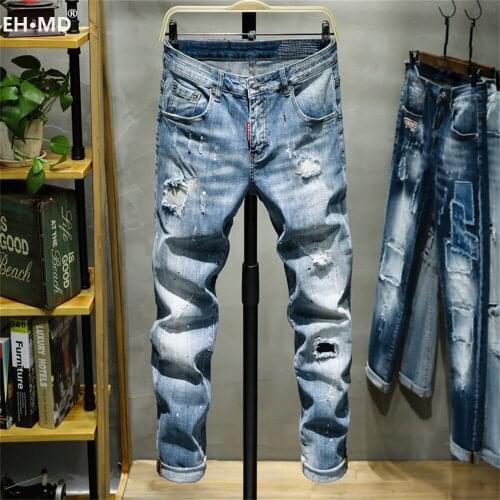 EH · MD® Hole-lined Printed Letter Jeans Mens Splash Ink Paint Dots Soft Casual Loose Cotton Elastic Trousers Mustache Red Ears