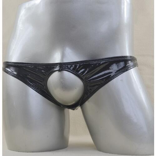 Hot Sexy Men Briefs Underwear Black Faux Leather Imitation Pants Erotic Open Crotch And Bottom Male Underpants Shorts