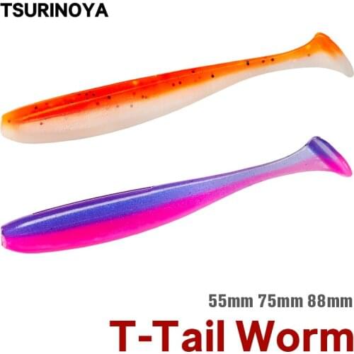 TSURINOYA NEW Fishing Lures T Tail Wrom 55mm 65mm 75mm 88mm Add Odor Attractant Bass Artificial Soft Bait