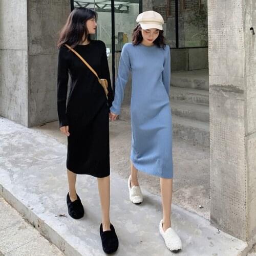 Womens Long Sweater Dresses Solid Color Loose Long Sleeve Knitted Long Dress Maxi Dress for Women