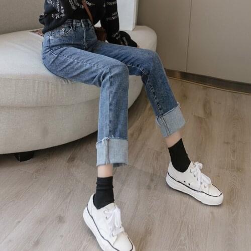 Retro Hong Kong style straight pipe jeans womens spring dress 2021 new womens high waist elastic curled quarter pants