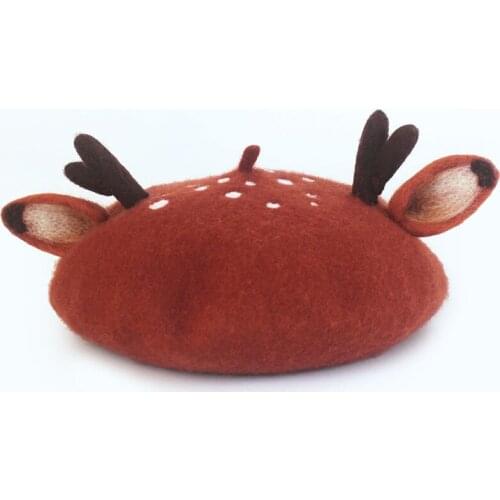 Wool Felt Christmas Harajuku Kawaii Antlers Ear Beret Creative Autumn And Winter Birthday Gift Painter Cap