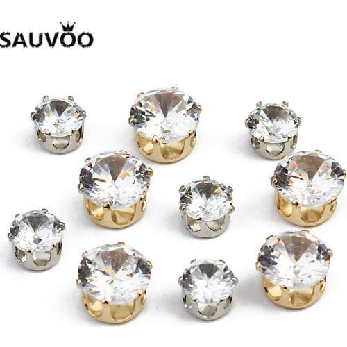 SAUVOO 50pcs/lot Round Stone Zircon Crystal Beads 6mm 8mm Copper Prong Claw Setting fit DIY Necklace Bracelet Jewelry Findings