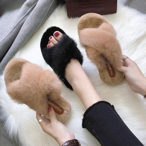 Winter Plush Indoor Slippers Women Fashion Solid Color Cross Warm Flip Flops Female Shoes Thermal Comfortable Flat with Slides