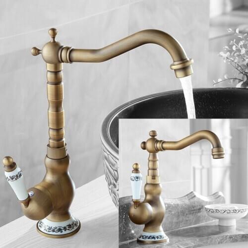 Bathroom Faucet Antique Brass Single Handle Hot & Cold Water Mixer Taps Wash Basin Bathroom Deck Mounted ZD046