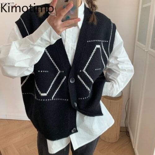 Kimotimo Vintage Argyle Knitted Vest Women V-neck Outwear Autumn All-match Sleeveless Cardigan Korean Ins Casual OL Waistcoat