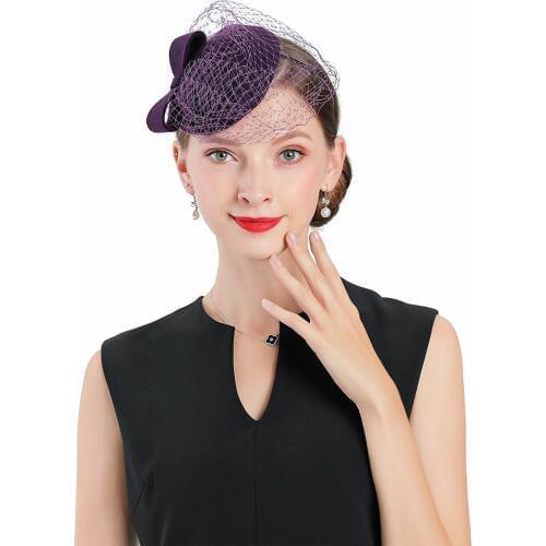 Fedoras Hats Purple Fascinator For Women Elegant Church Wool With Veil Bow Headpiece Birthday Gifts Wedding Fashion Pillbox Caps