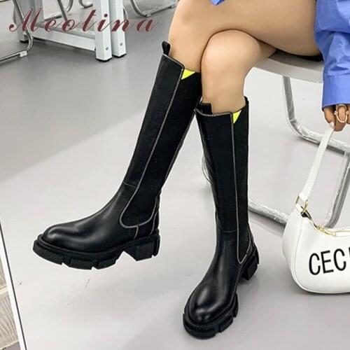 Meotina Med Thick Heels Knee High Boots Women Genuine Leather Shoes Round Toe Riding Boots Platform Slip On Lady Footwear Autumn