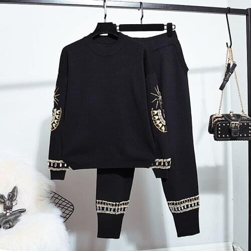 Women Clothing Beading Fashion Two Piece Set Spring Autumn Long Sleeve Loose Knitwear Tops + Casual Pants Ladies Outfits H1608