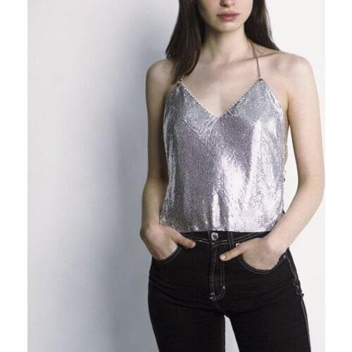 Metallic Sequins Women Top V Neck Halter Backless Sexy Leopard Night Club party Rave Festival Wear Women Tank Top