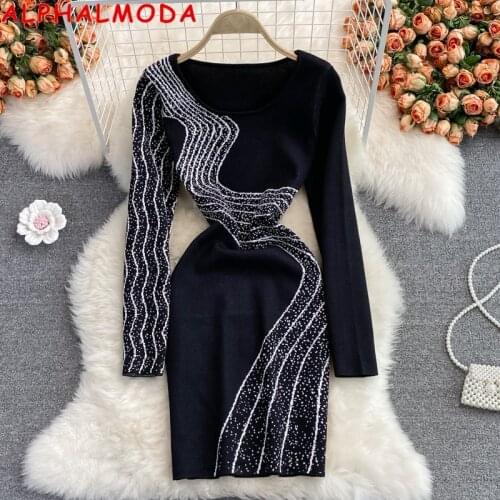 ALPHALMODA Round Neck Elastic Knitted Printed Dress 2021 Autumn and Winter Slim Fit Contrast Color Women Wrap Hip Dress