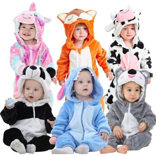 Winter Baby Boys Girls Rompers Newborn Coral Fleece Cartoon Overalls Infant Halloween Jumpsuit Cute Animal Panda Unicorn Costume