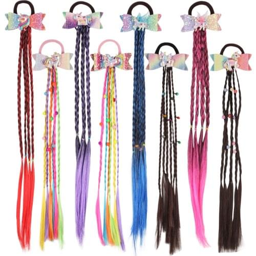 1 PC Girls Glitter Hair Bow with Ponytail Holder 3 Inch Rainbow Sparkle Hairbow Unicorn Decoration Children Braid Wig Hair Tie