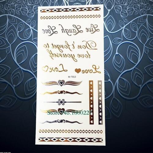1PC Sexy Gold Tattoo Letters Flash Metallic English Words Love Design Waterproof Temporary Tattoo Women Henna Tatoo Jewel PM-T13