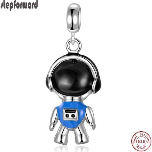 100% 925 Sterling Silver Robot Hanging Charm Fit Bracelet And Necklace Fashion New Blue Robot Enamel Designer Pendants Jewelry