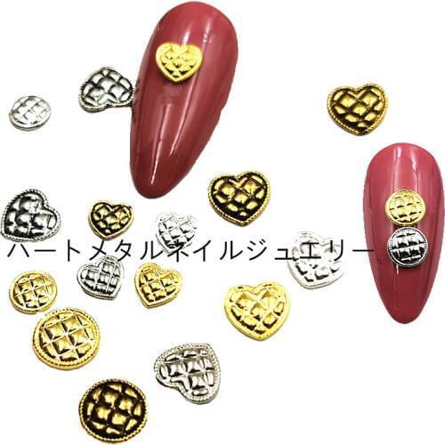 100pcs Japan Korea Nail Art Alloy Retro Heart Round pits Gold Silver Metal Jewellry Accessories Collection Nail DIY