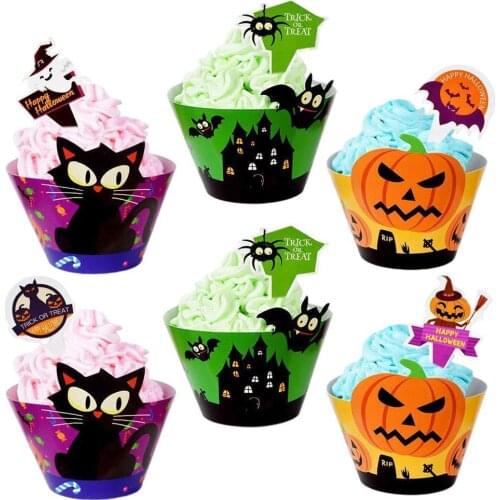 24/48PCS Halloween Cupcake Decoration Inserts Trick Or Treat Black Cat Horror Ghost Party Happy Halloween Party Supplies 2021