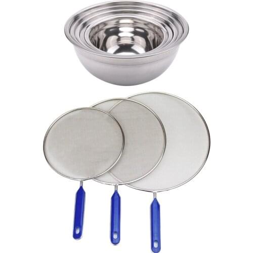 5 Pcs Stainless Steel Salad Bowl with Lid Food Mixing Bowl & 3 Pcs Grease Splatter Screen Cooking,Stainless Steel Guard