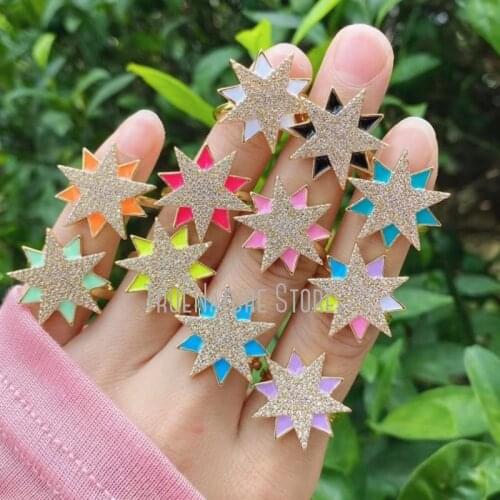 5Pcs RM40094 Gold Copper Star Ring Copper Jewelry Enamel North Star Pentagram Colors Clear Gold Plated Cubic Zirconia Ring