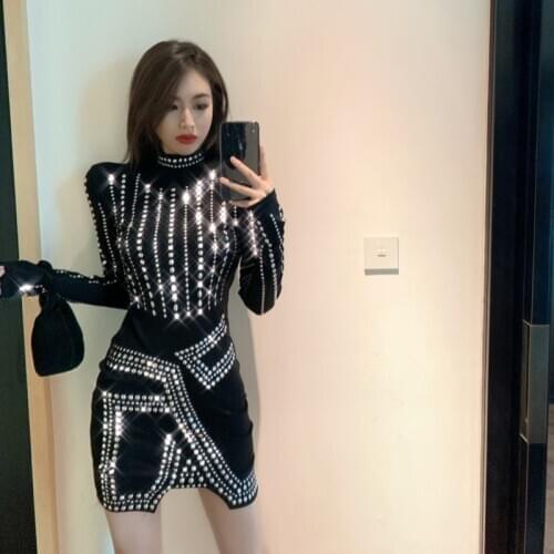 High-end Celebrity Autumn and Winter Fashion Design Sense Hot Diamond Shiny Dress Dress Bottoming Dress Personalized Party Dress
