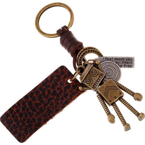 Punk Fashion Robot Car Key Chain Metal Bronze Pendant Retro Leather Keyring Women Men Children Bag Keychain Vintage Jewelry Gift