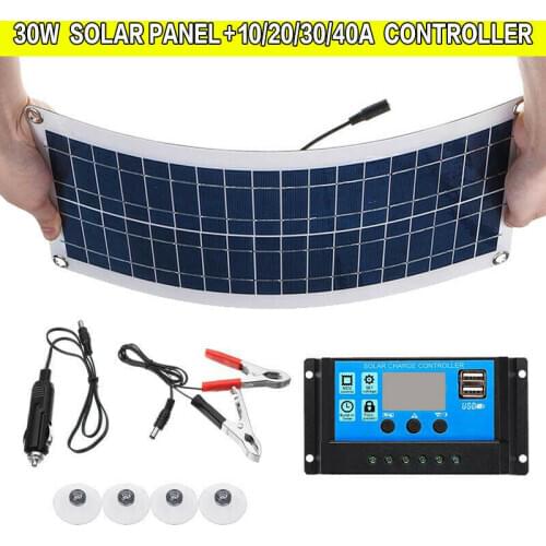 WENXING Flexible 12V 30W Dual USB Solar Panel+ 40A Solar Charger Controller For Battery Cell Phone Charger with Battery Clip