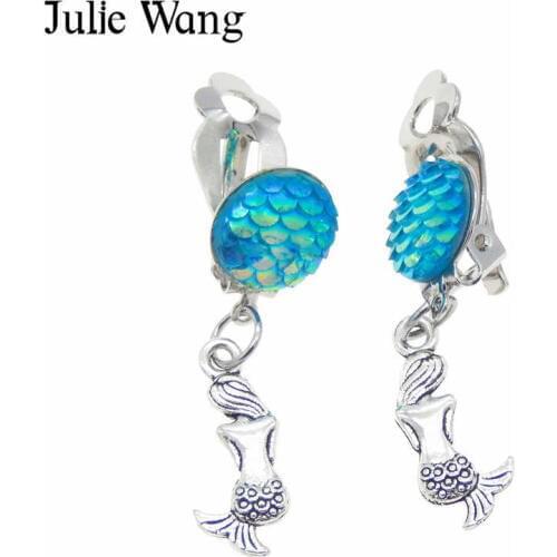 Julie Wang 1 Pair Handmade Resin Mermaid Fish Scale Cabochon Alloy Mermaid Ear Clip DIY Women Girls Clip Earrings Jewelry