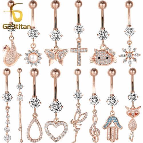 G23titan 16G Rose Gold Surgical Steel Belly Rings Crystal Animal Pearl Kitty Angel Umbilicus Piecing Body Jewelry Navelpiercing