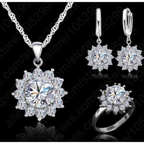 New Fashion Flower Sun Cubic Zirconia Genuine 925 Sterling Silver Jewelry Sets Earrings Pendant Necklace Rings Size6-9