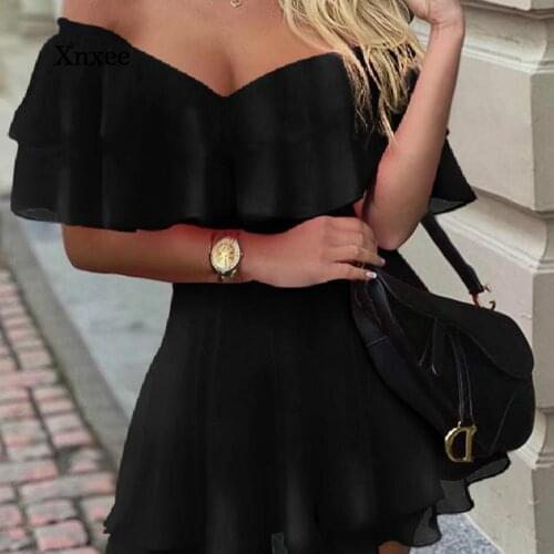 Summer Womens Elegant Off-Shoulder Ruffle Dress Womens Pure Color Casual Dress Dress Mini Elegant Dress