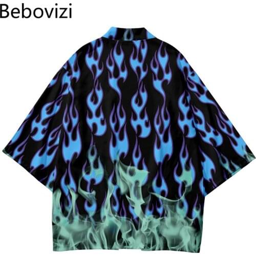 Fashion Kimono Men Women Cardigan Haori Obi Asian Clothes Pants Suit Plus Size 6XL Blue Flame China Harajuku Japanese Style Sets