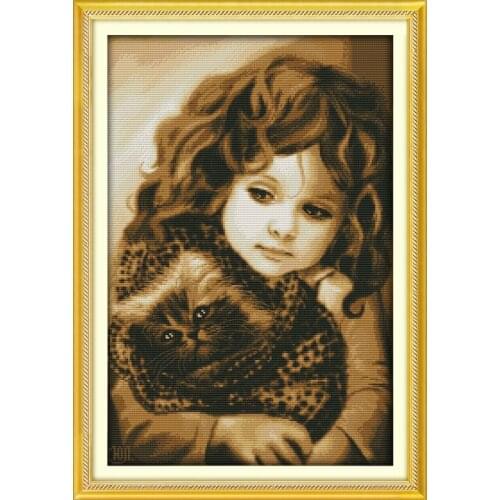 Girl and cat cross stitch kit people 18ct 14ct 11ct count print canvas stitches embroidery DIY handmade needlework
