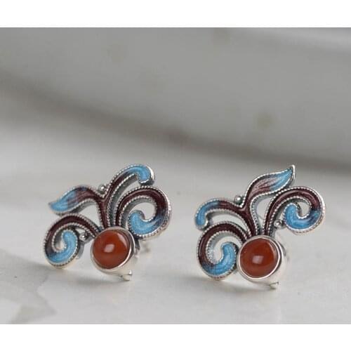 Original design cloisonne enamel porcelain earrings Chinese retro elegant light luxury charm womens brand silver jewelry