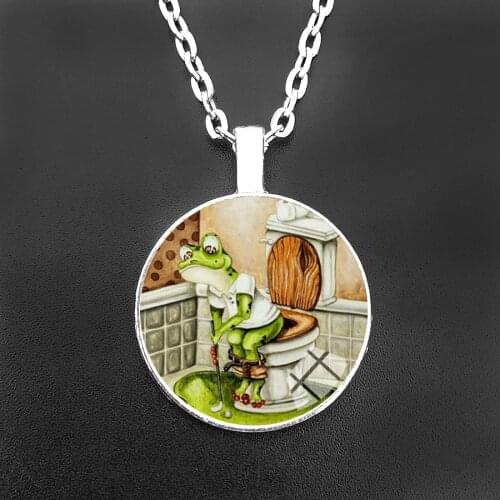Cute Cartoon Frog on The Toilet Glass Cabochon Necklace & Pendant Jewelry Interesting Toilet Paper Charm Chain Gift for Girl