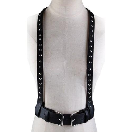 Men Women Unisex Rivet Punk Leather Harness Wide Waist Belt Big Buckled Body Bondage Sculpting Cage Belt Leather Suspenders Belt
