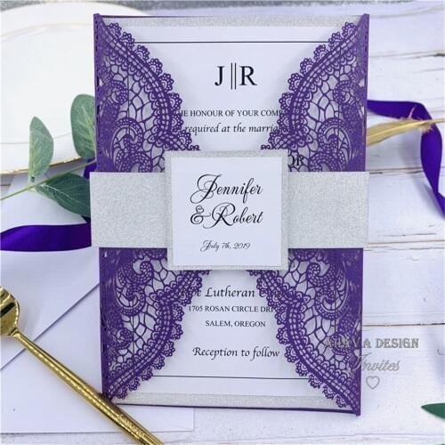 Luxury Pearl Dark Purple Laser Cut Wedding Invitation With Glitter Grey Belly band, Customized Insert