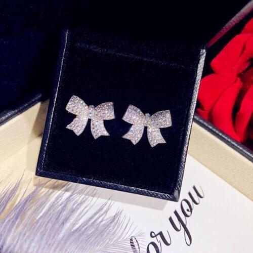 Bowknot Pave Diamond Stud Earring Real 925 sterling silver Charm Engagement Wedding Earrings for Women Bridal Party Jewelry Gift