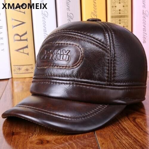 XMAOMEIX 2021 Spring Genuine Leather Hat Men Natural Cowhide Baseball Caps Thick Ear Protection Cap Adjustable Size Earmuff Hats