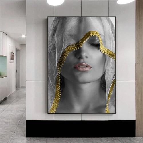 Nordic Scandinavian Golden Black and White Women Canvas Painting Poster Wall Art Picture Cuadros Living Room Decoration