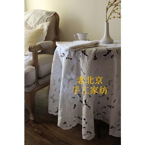 Flax Entirely Handmade Embroidered Hollow White Hand Embroidery Tablecloth/Curtain/Small Bed Cover