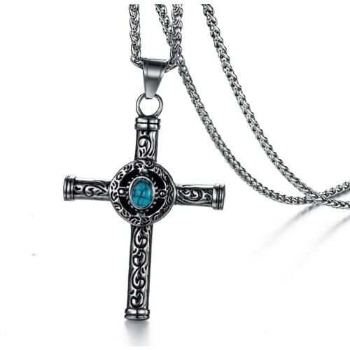 Valily Vintage Cross Pendant Necklace Stainless Steel Punk Turquoise Stone Necklace Jewelry for Men Women