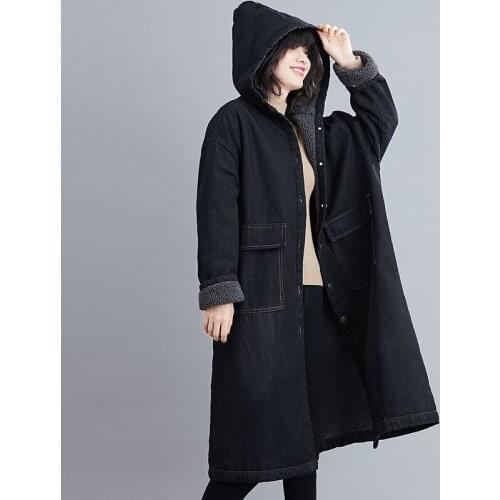 Windbreaker Outerwear Mid-Length Lambswool Female 2021 New Winter Coat Women Plus Size Denim Jacket Hooded Plus Velvet Padded