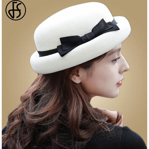 FS Winter Wide Brim White Black Wool Hats Bow Bowler Fedora Hat For Women Chapeau Femme Feutre Cloche Ladies Church Felt Fedoras