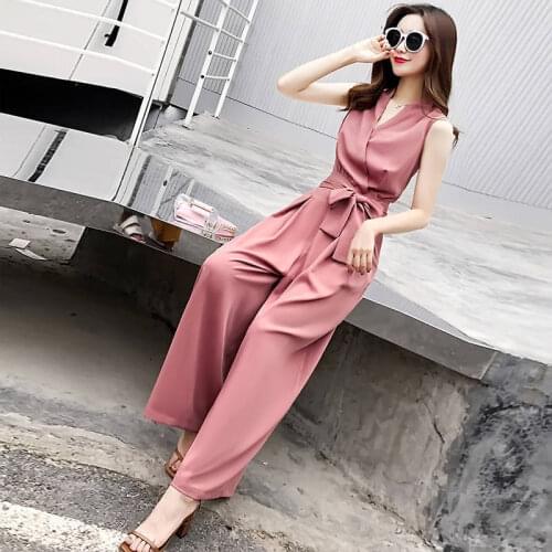 2020 Summer Ladies Playsuits Sleeveless Solid Jumpsuits V-neck High Waist Sashes Overalls Women Casual Wide Leg Rompers S11