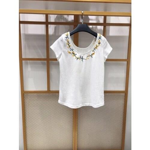 ElfStyle 2020ss Women New Cotton White Short Sleeve O Neck Embroidery Tees Shirt Top