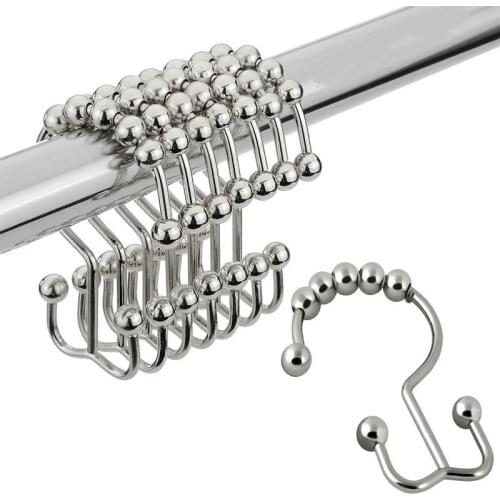 12pcs Stainless Steel Curtain Hooks Bathroom Shower Curtain Rings 8 Roller Ball E type Hang Buckle Decorative Hardware Fastener