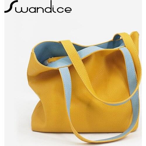 Double Side Available 2 pcs/set High Quality A4 Large Capacity Contrast Colour Block Tote Handbags Shoulder Bags Women Female