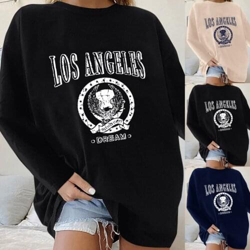 Women Long Sleeve Loose Round-neck T-Shirt Pattern Text Splicing Printing Blouse Top Solid Color All-match Lovely Girls T-shirt