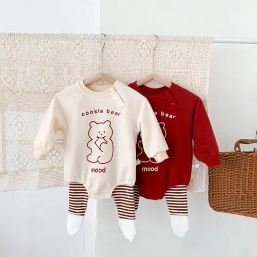 Children Clothes set Bear Printed Autumn Baby Girls Romper+Leggings with feet Cotton KidsToddler Bodysuit 0-2Year Old Jumpsuit